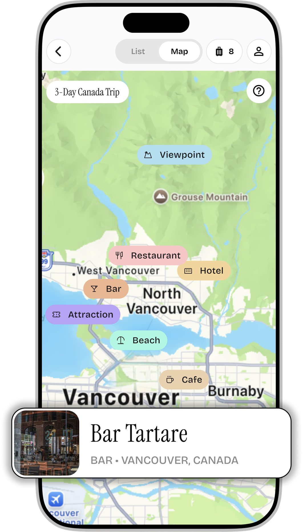 Saved spots on a live map in PlanPin